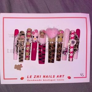 hot pink sanr1o gyaru glam y2k mcbling leopard 2000s harajuku press on xl nails